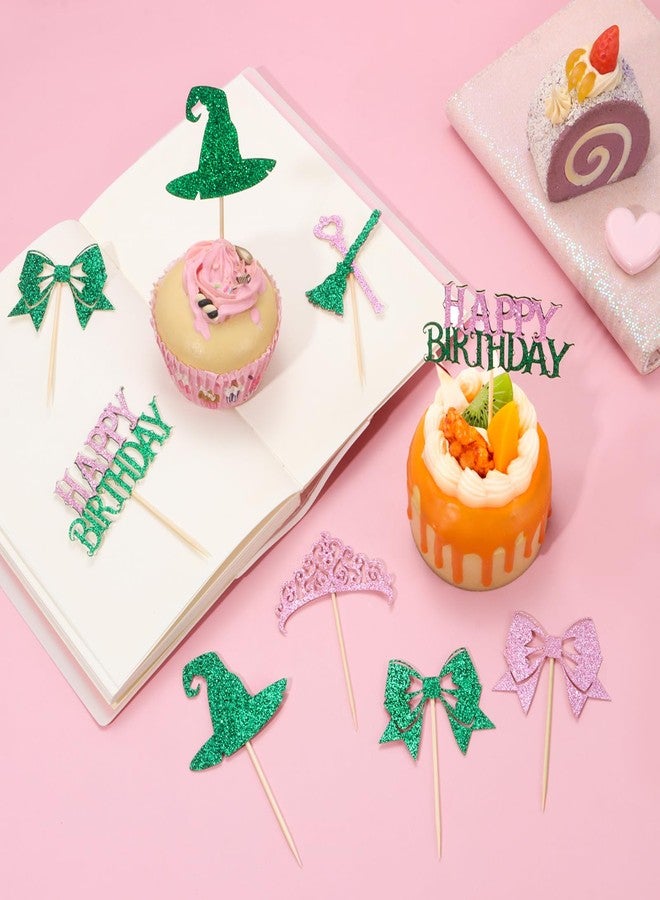 RANERVZ 48Pcs Witch Birthday Cupcake Toppers Pink and Green Witch Themed Cupcake Toppers Bow Crown Witch Hat Cupcake Picks Witch Birthday Party Cupcake Decorations - Image 3